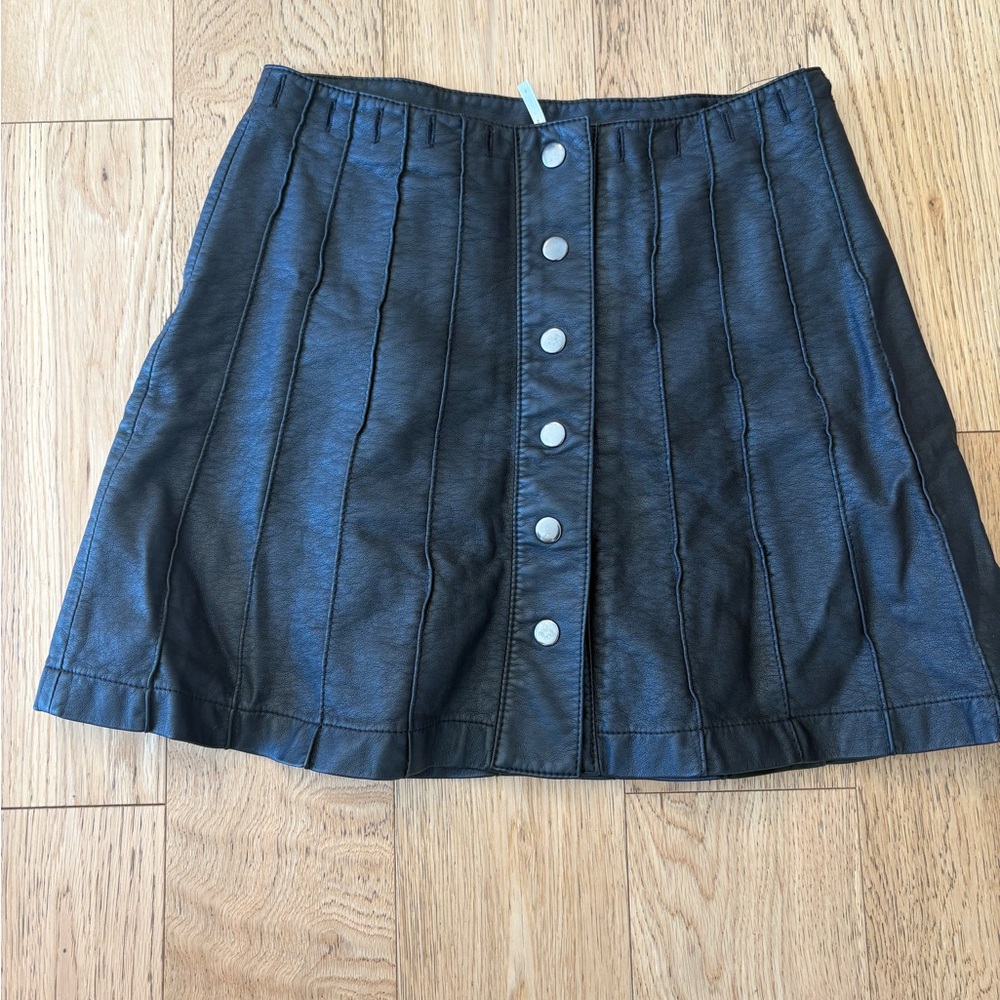 Free People Black Faux Leather A-Line Button-Front Mini Skirt
